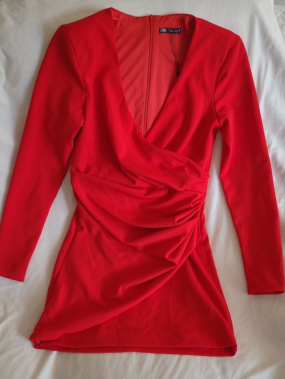 ZARA Bright Red Long-Sleeve Draped Wrap-Style Dress